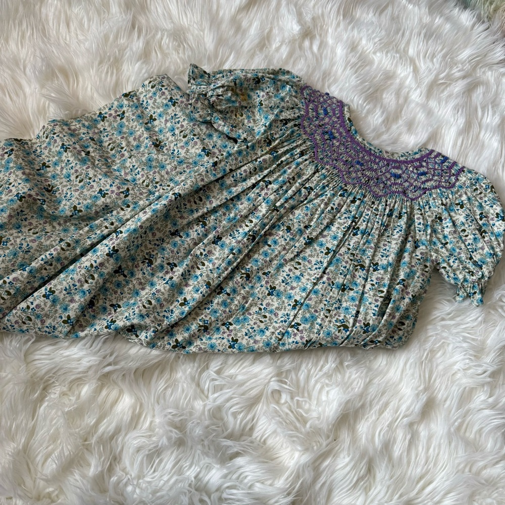 Smocked dress - floral print with purple smocking - size 5